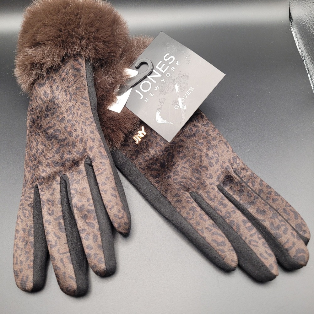 Jones New York Leopard Print Faux Fur Trim Tech Gloves Brown Black One Size NWT